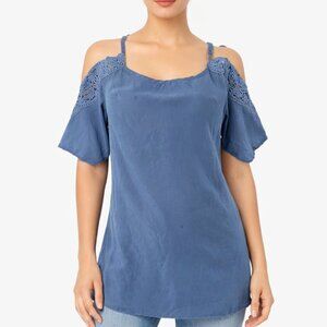 Xhilaration Cold Shoulder Mini Dress M Blue Boho Lace Short Sleeve Summer Casual
